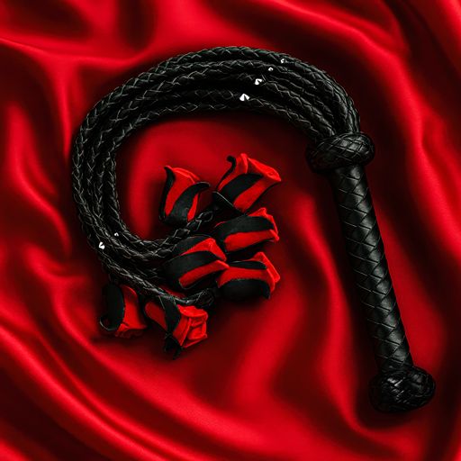 Luxuriöse BDSM Peitsche, künstlerisch arrangiert auf rotem Hintergrund.